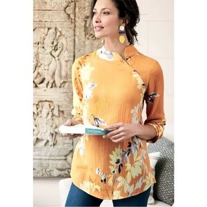 Soft Surroundings Pauleena Pullover Floral Watercolor Mandarin Collar
